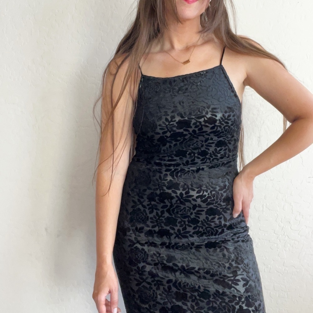 Vintage 90s Roberta Black Velvet Burnout Silver Maxi Sheath Dress - Picture 2 of 12